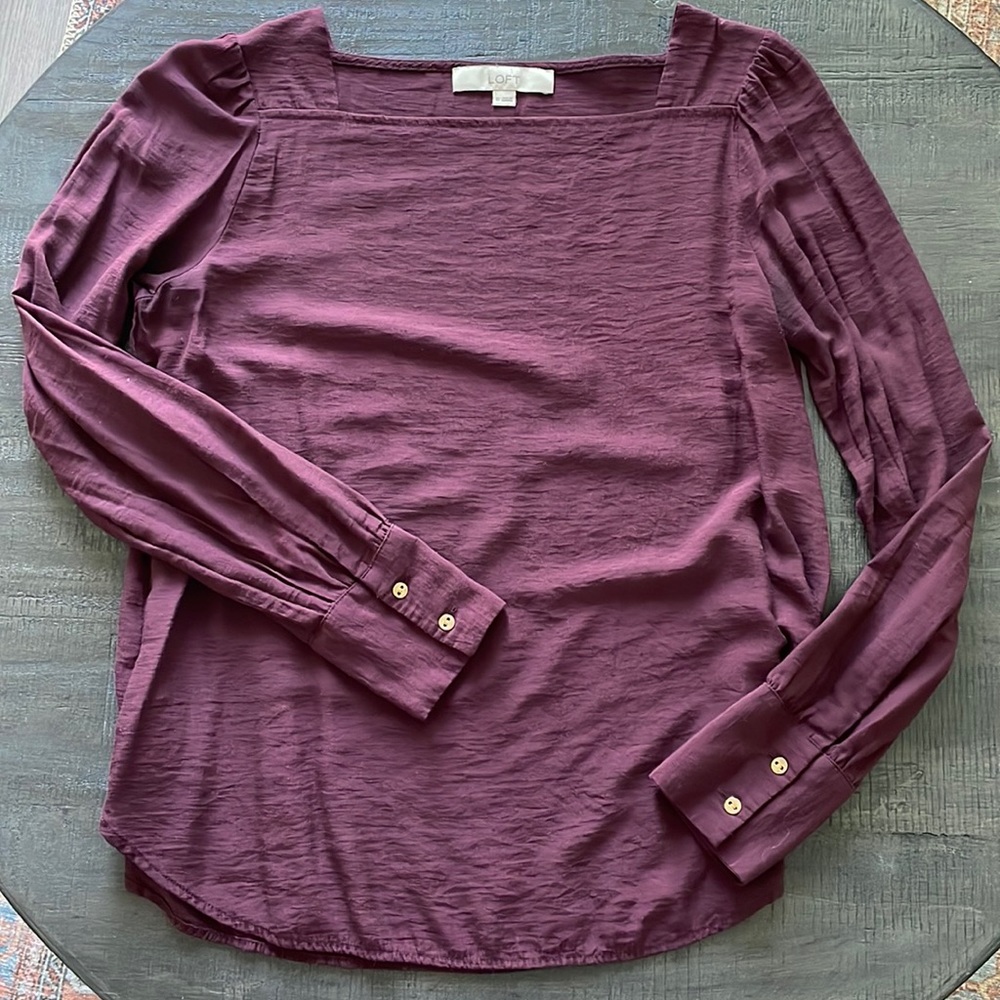 Women's Long Puff Sleeve Top - LOFT - Maroon XS